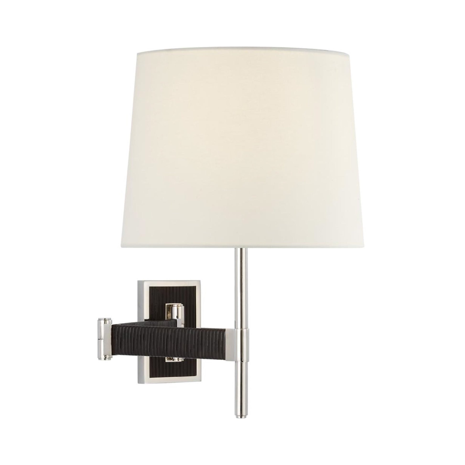 Elle LED Swing Arm Wall Light in Polished Nickel/Black Rattan.