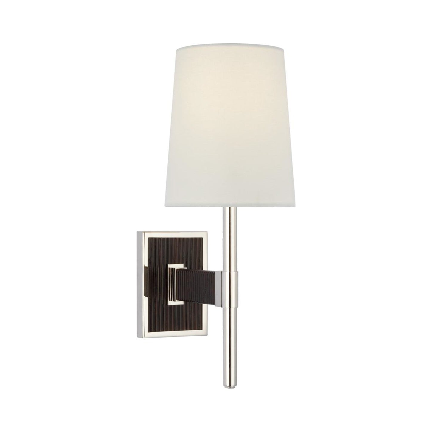 Elle LED Wall Light in Polished Nickel/Black Rattan.