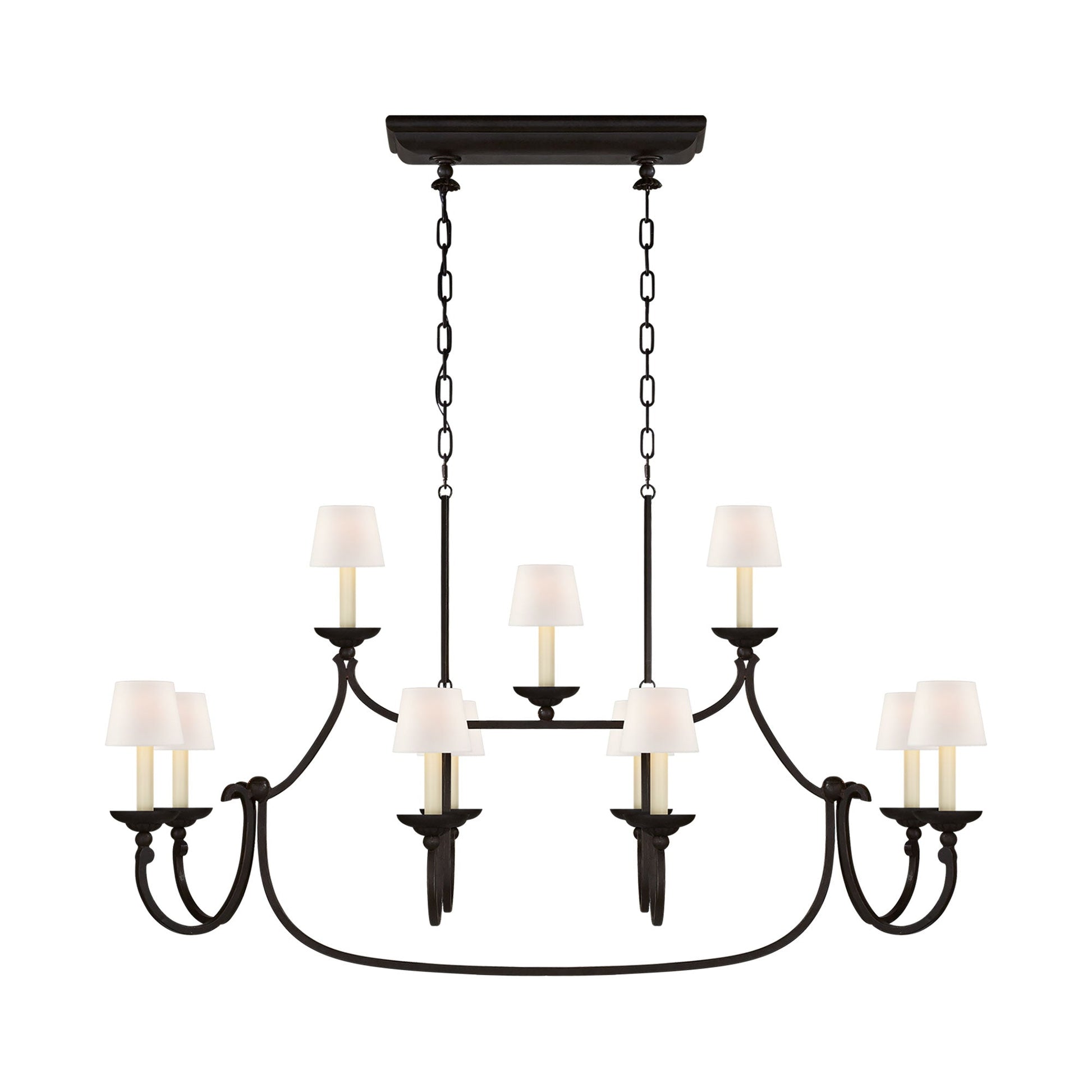 Flemish Linear Pendant Light in Aged Iron/Linen Shade.