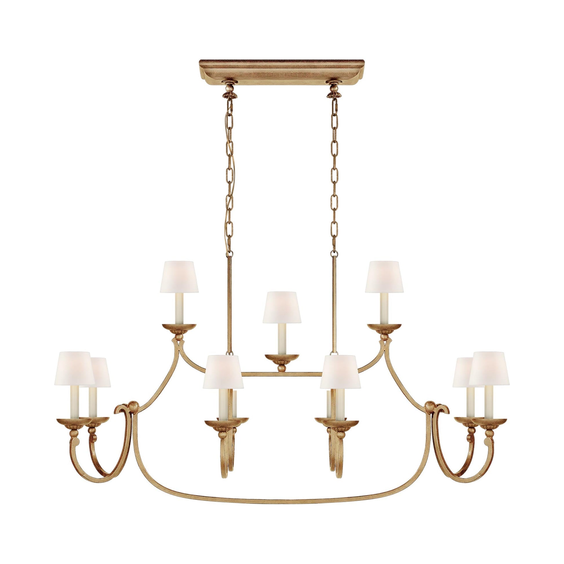 Flemish Linear Pendant Light in Gilded Iron/Linen Shade.