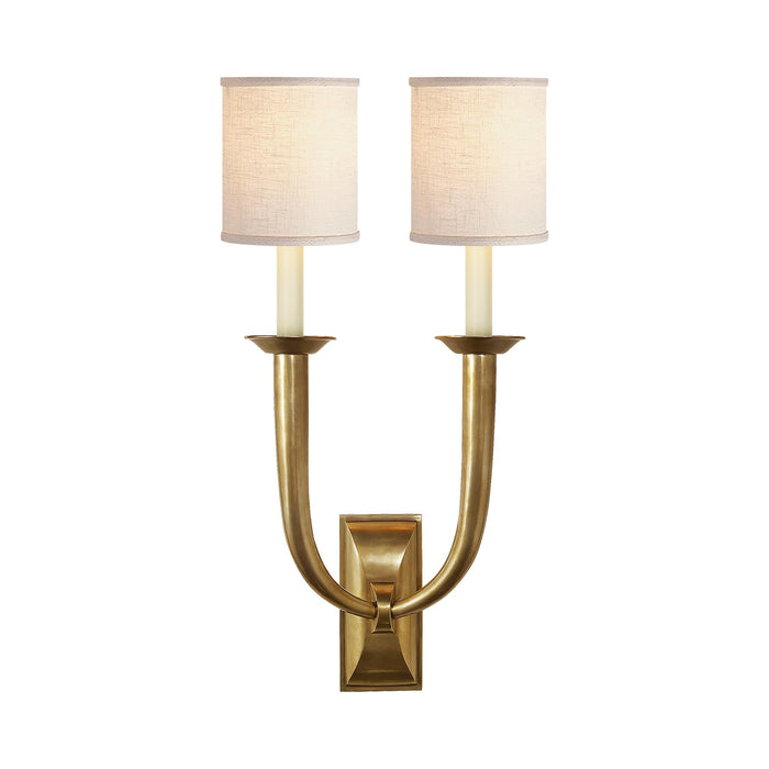 French Deco Horn Double Wall Light in Hand-Rubbed Antique Brass (5-Inch Linen).