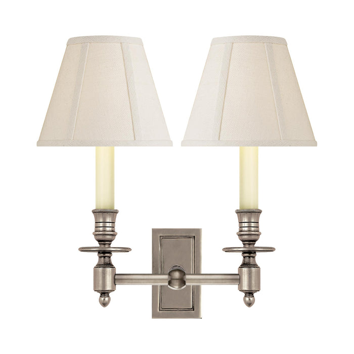 French Double Library Wall Light in Antique Nickel/B Linen Shade.
