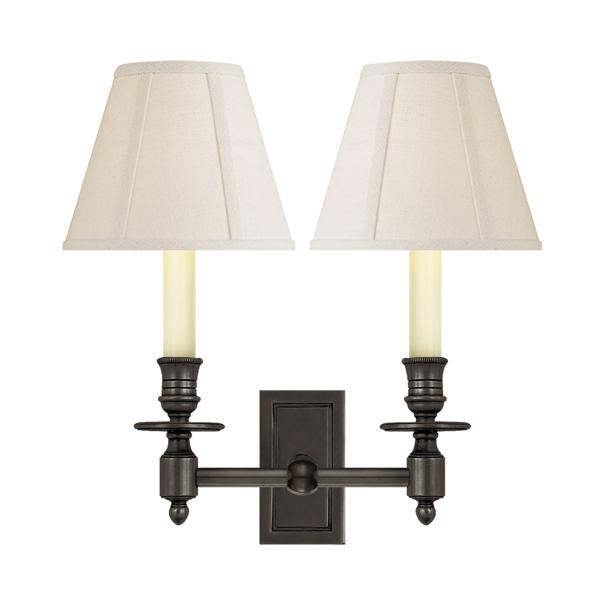 French Double Library Wall Light in Bronze/B Linen Shade.