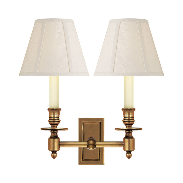 French Double Library Wall Light in Hand-Rubbed Antique Brass/B Linen Shade.