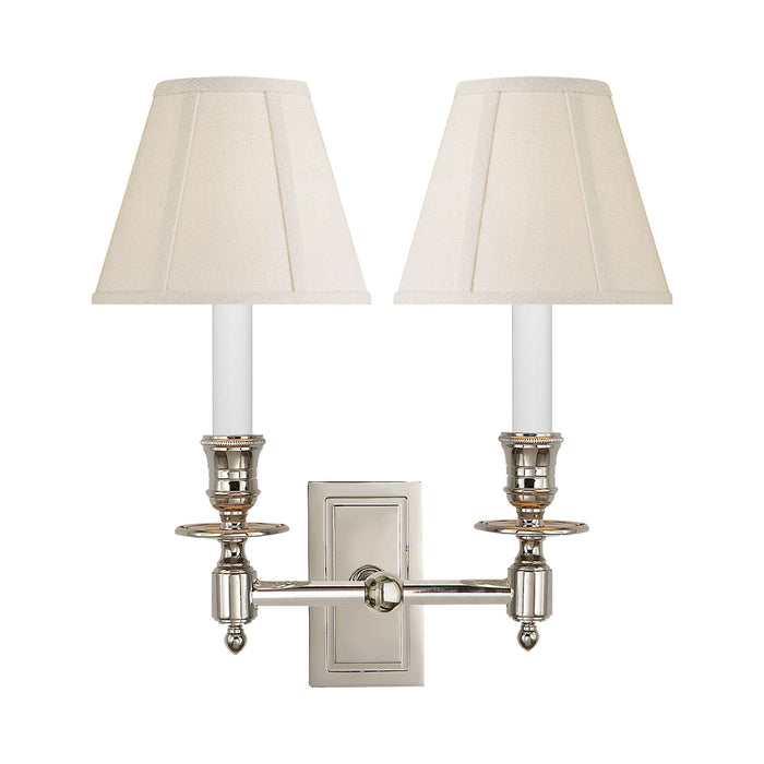 French Double Library Wall Light in Polished Nickel/B Linen Shade.