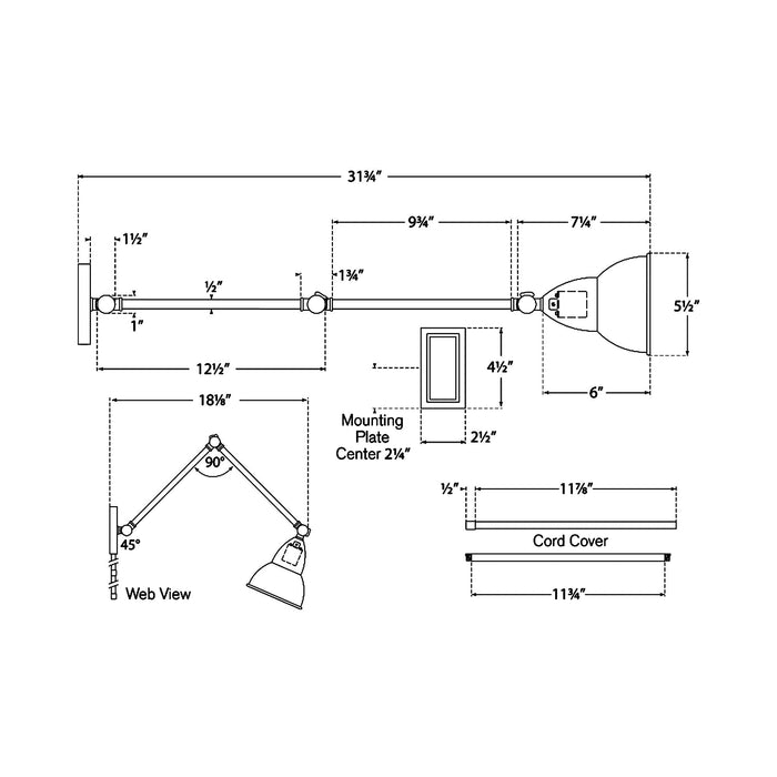 French Library Double Arm LED Wall Light - line drawing.