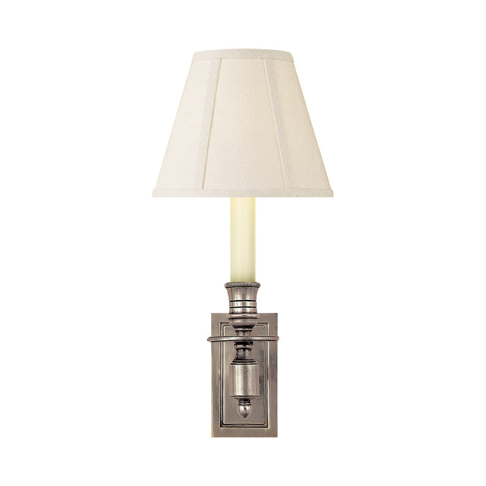 French Library Wall Light in Antique Nickel/Linen Shade.