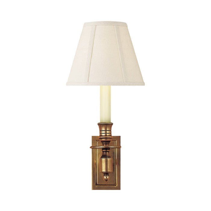 French Library Wall Light in Hand-Rubbed Antique Brass/Linen Shade.