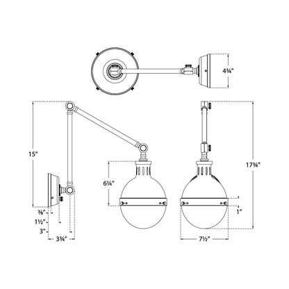 Hicks Adjustable Wall Light - line drawing.