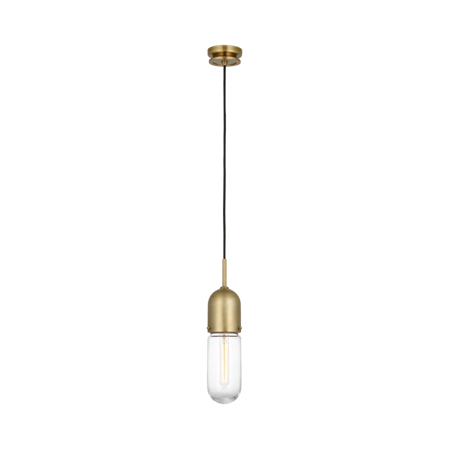 Junio LED Mini Pendant Light in Hand-Rubbed Antique Brass/Clear Glass.
