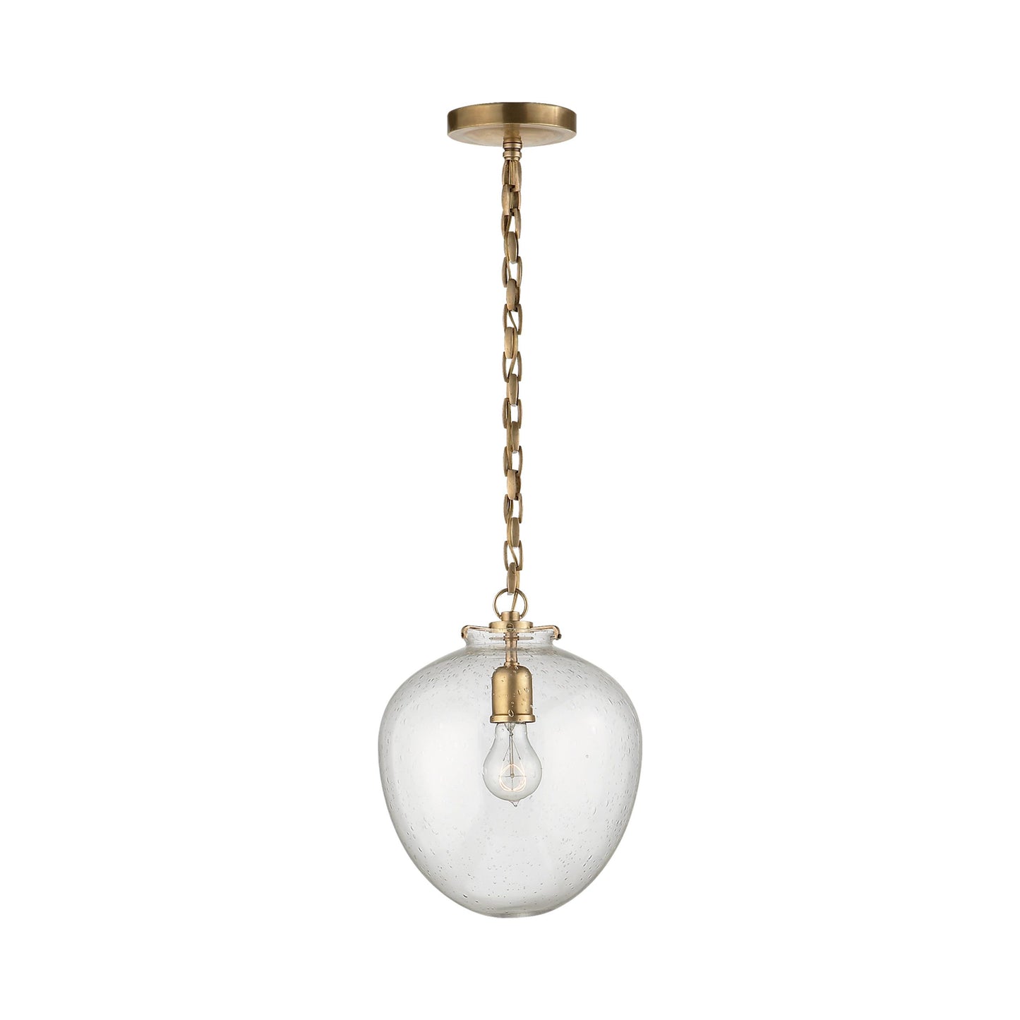 Katie Acorn Pendant Light in Hand-Rubbed Antique Brass/Seeded Glass.