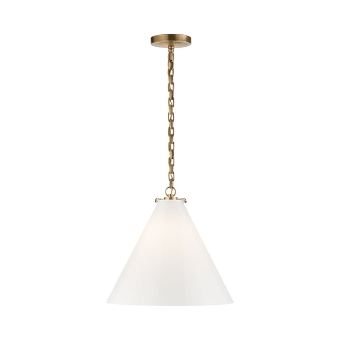 Katie Conical Pendant Light in Hand-Rubbed Antique Brass/White Glass.