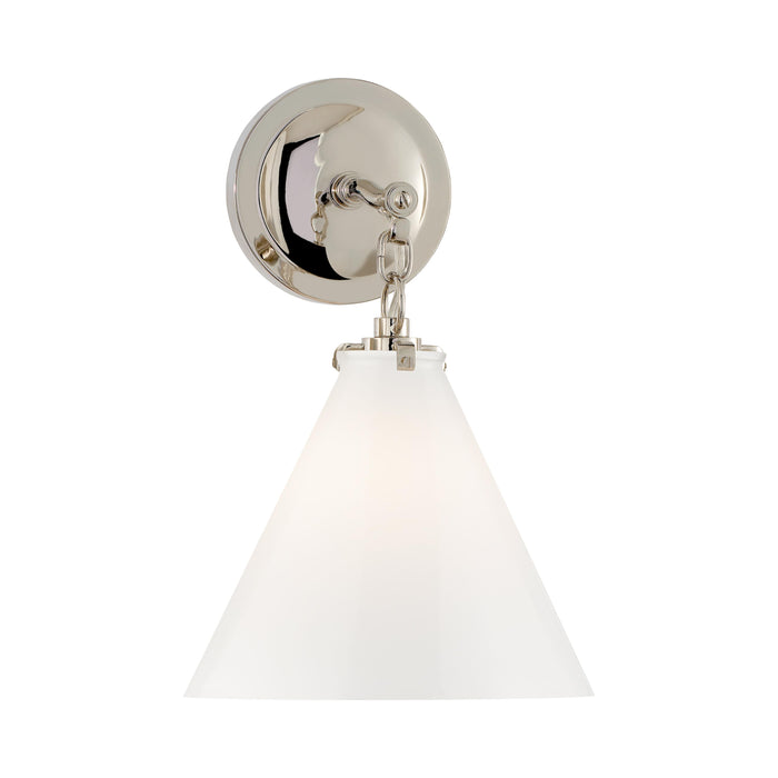 Katie Conical Wall Light in Polished Nickel/White Glass.