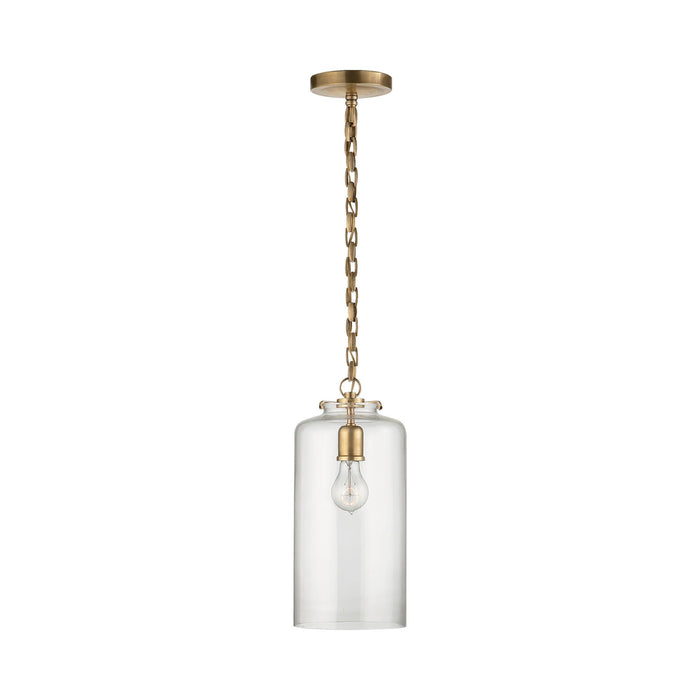 Katie Cylinder Pendant Light in Hand-Rubbed Antique Brass/Clear Glass.