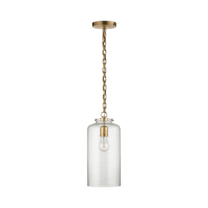 Katie Cylinder Pendant Light in Hand-Rubbed Antique Brass/Seeded Glass.