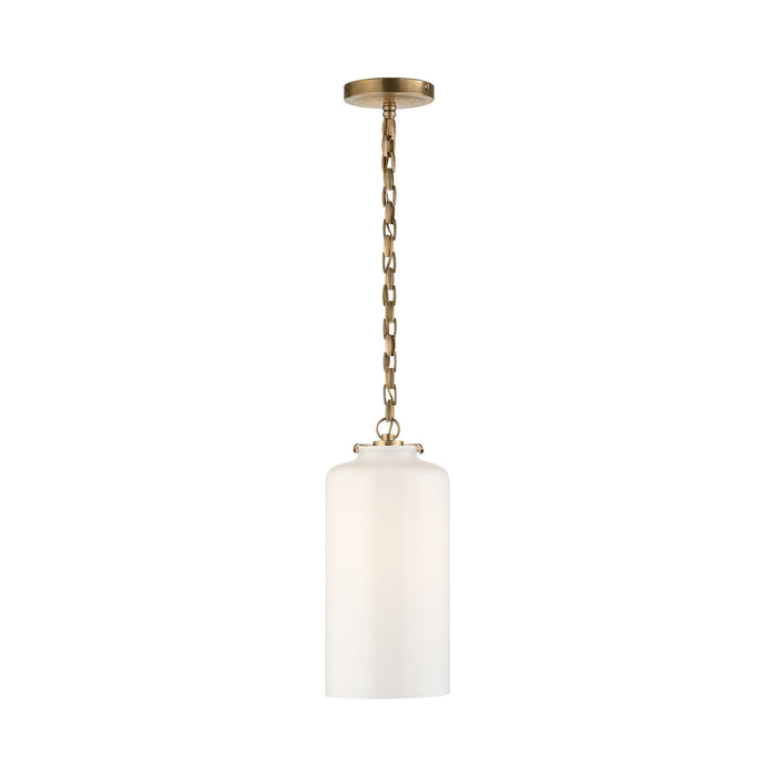 Katie Cylinder Pendant Light in Hand-Rubbed Antique Brass/White Glass.