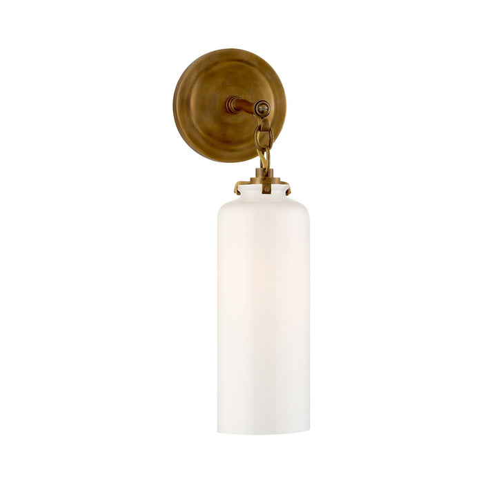Katie Cylinder Wall Light in Hand-Rubbed Antique Brass/White Glass.
