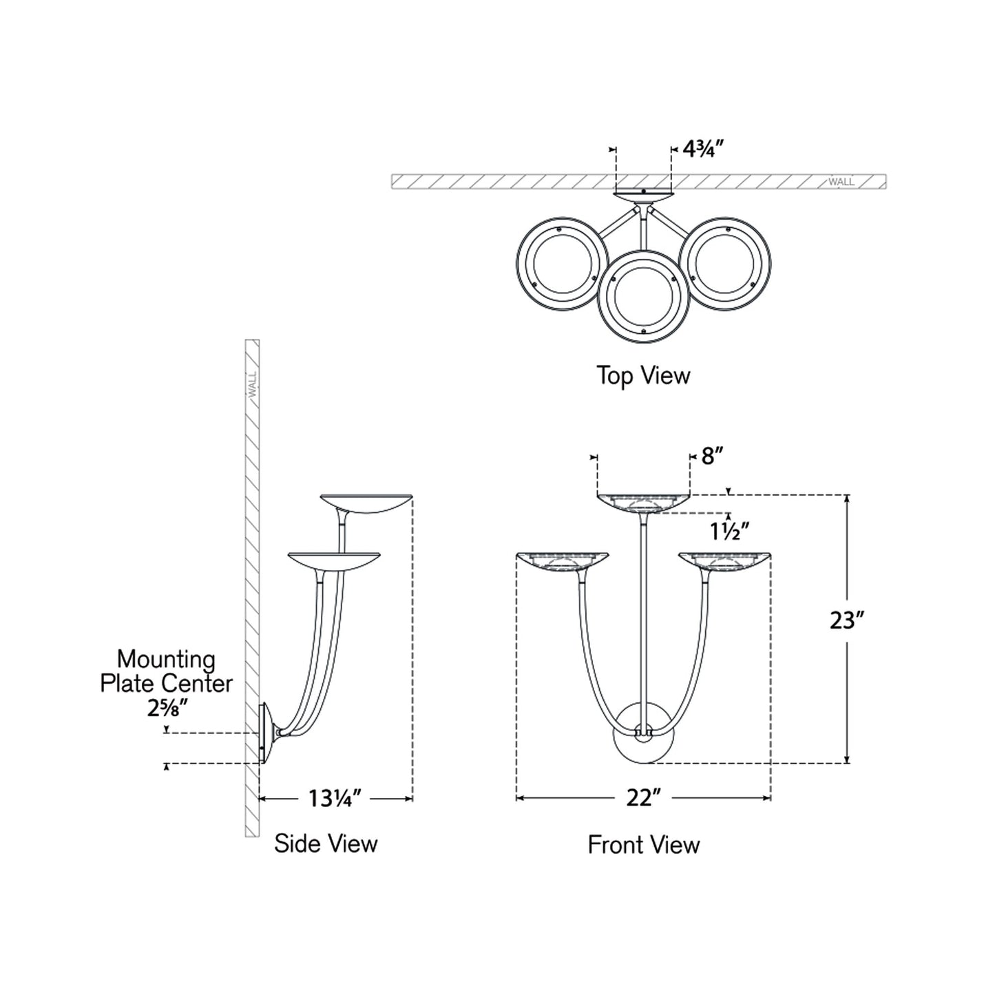 Keira LED Triple Wall Light - line drawing.