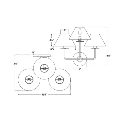 Kelley Triple Wall Light - line drawing.