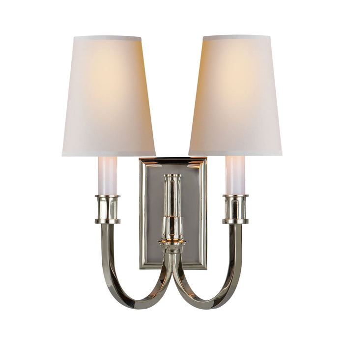 Modern Library Double Wall Light in Polished Nickel.