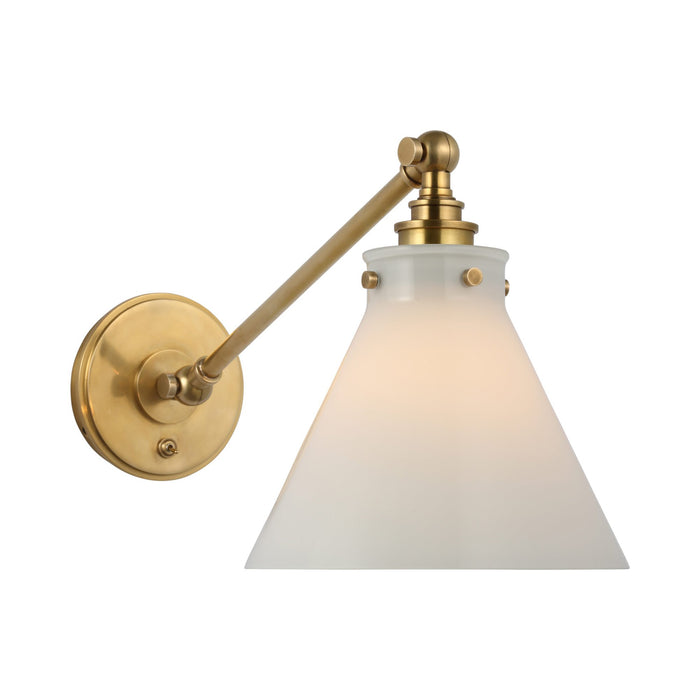 Parkington Swing Arm LED Wall Light in Single Arm/Antique-Burnished Brass/White Glass.
