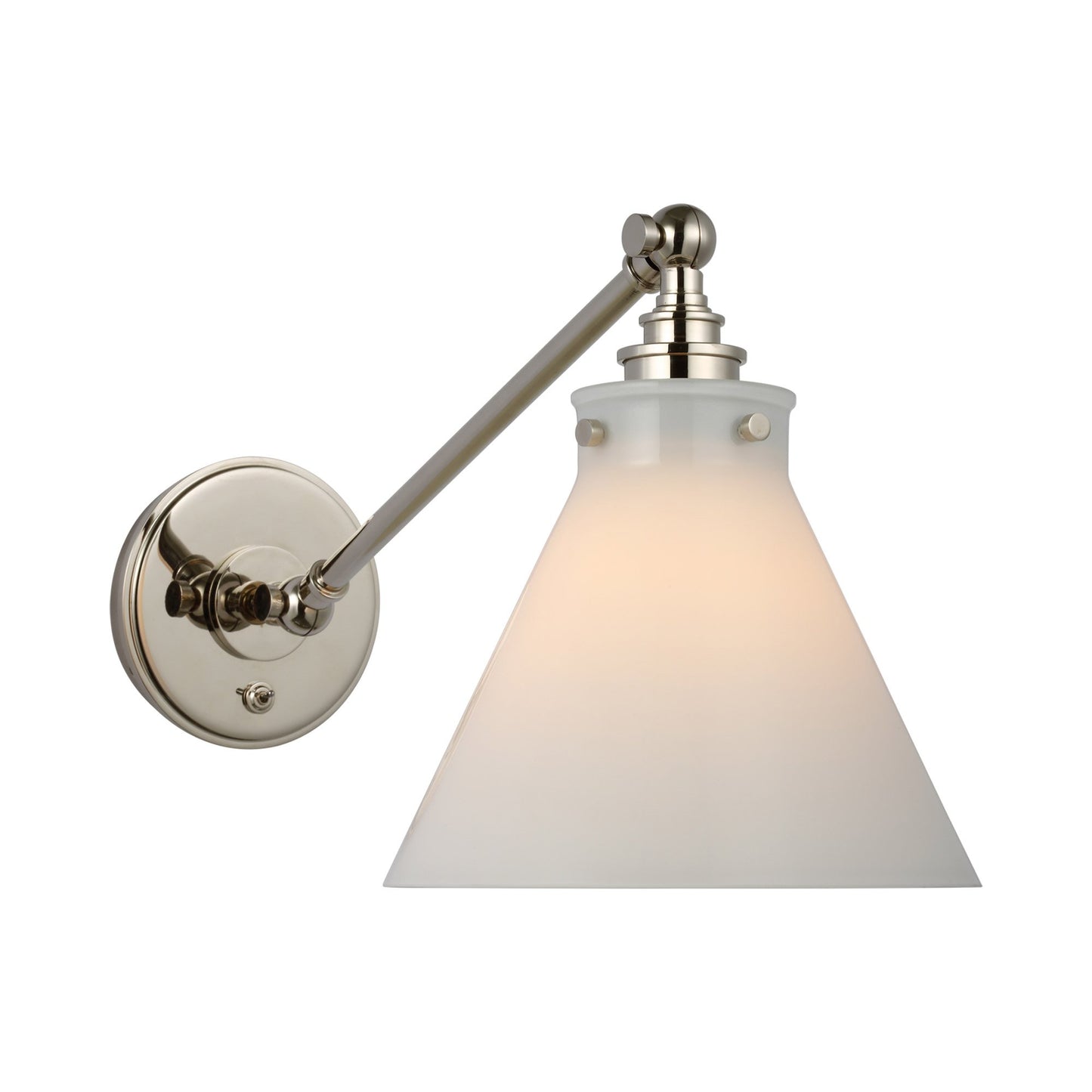 Parkington Swing Arm LED Wall Light in Single Arm/Polished Nickel/White Glass.