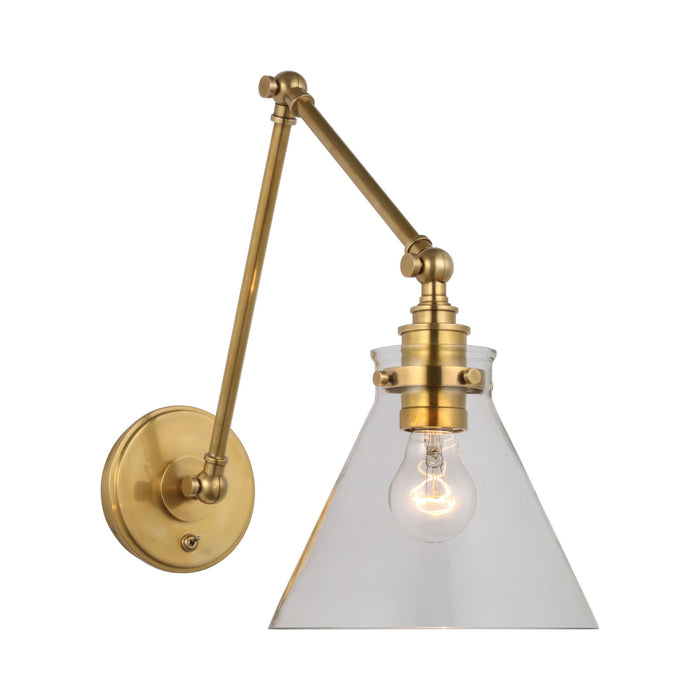 Parkington Swing Arm LED Wall Light in Double Arm/Antique-Burnished Brass/Clear Glass.