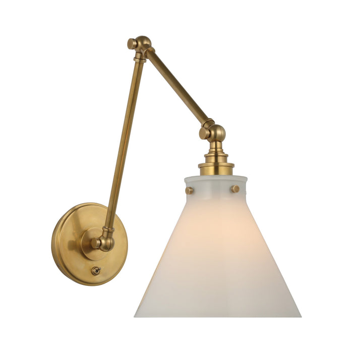 Parkington Swing Arm LED Wall Light in Double Arm/Antique-Burnished Brass/White Glass.