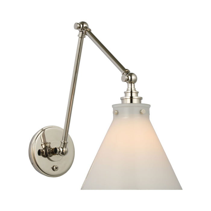Parkington Swing Arm LED Wall Light in Double Arm/Polished Nickel/White Glass.