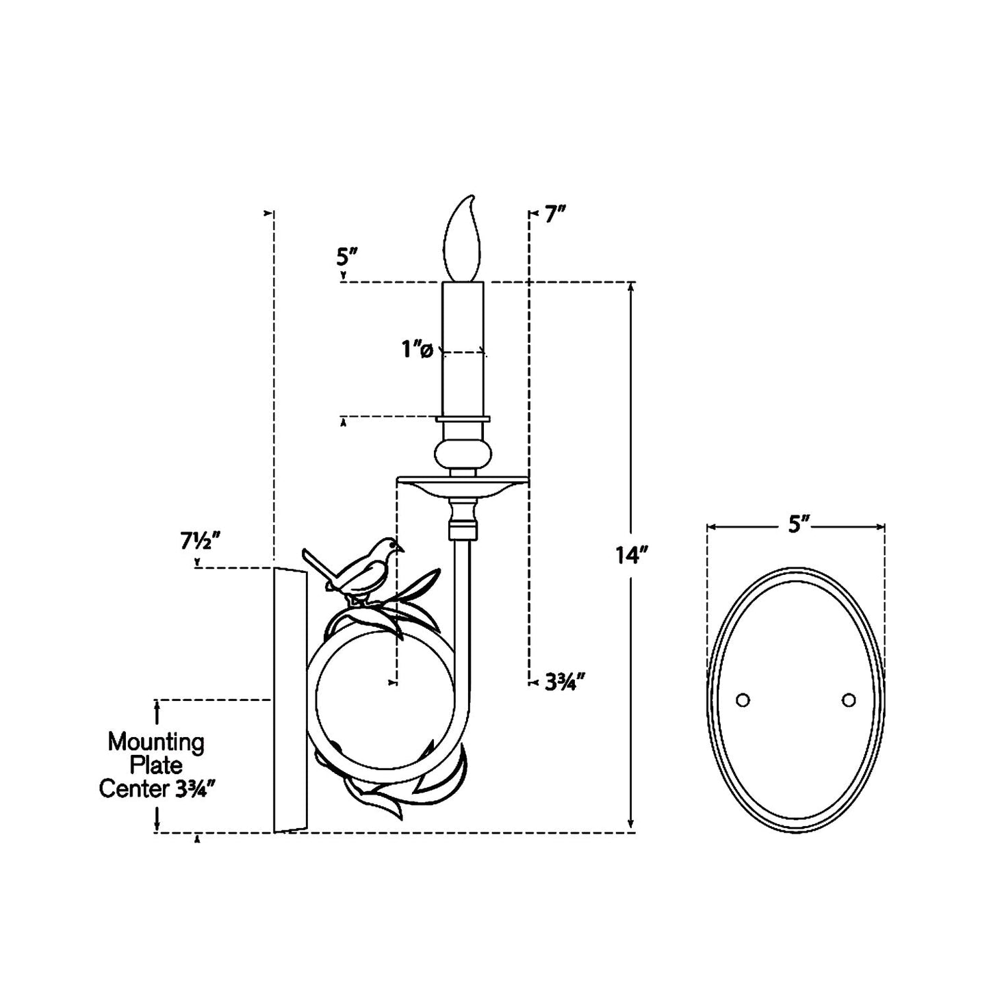 Perching Bird Wall Light - line drawing.