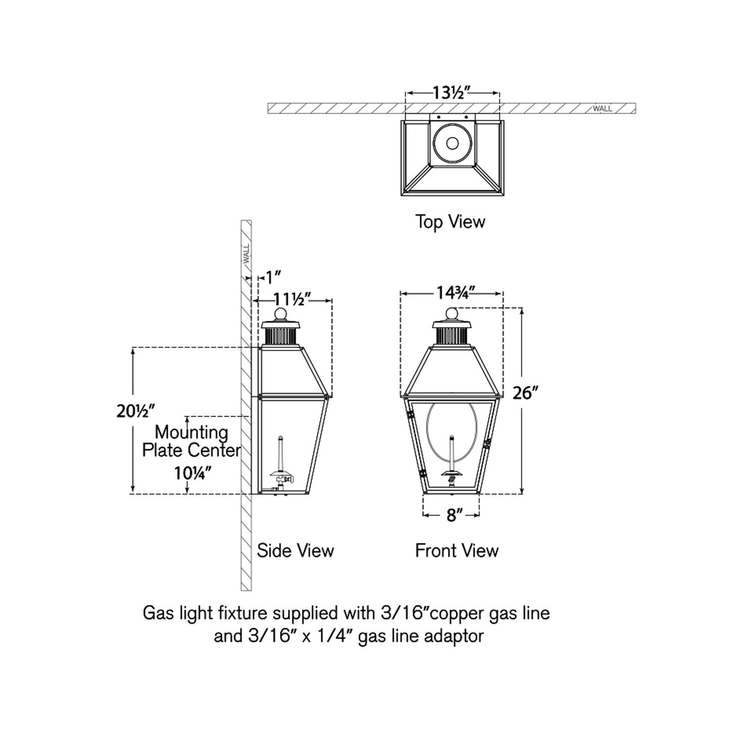 Stratford 3/4 Outdoor Gas Wall Light - line drawing.