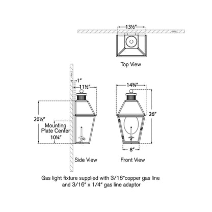 Stratford 3/4 Outdoor Gas Wall Light - line drawing.