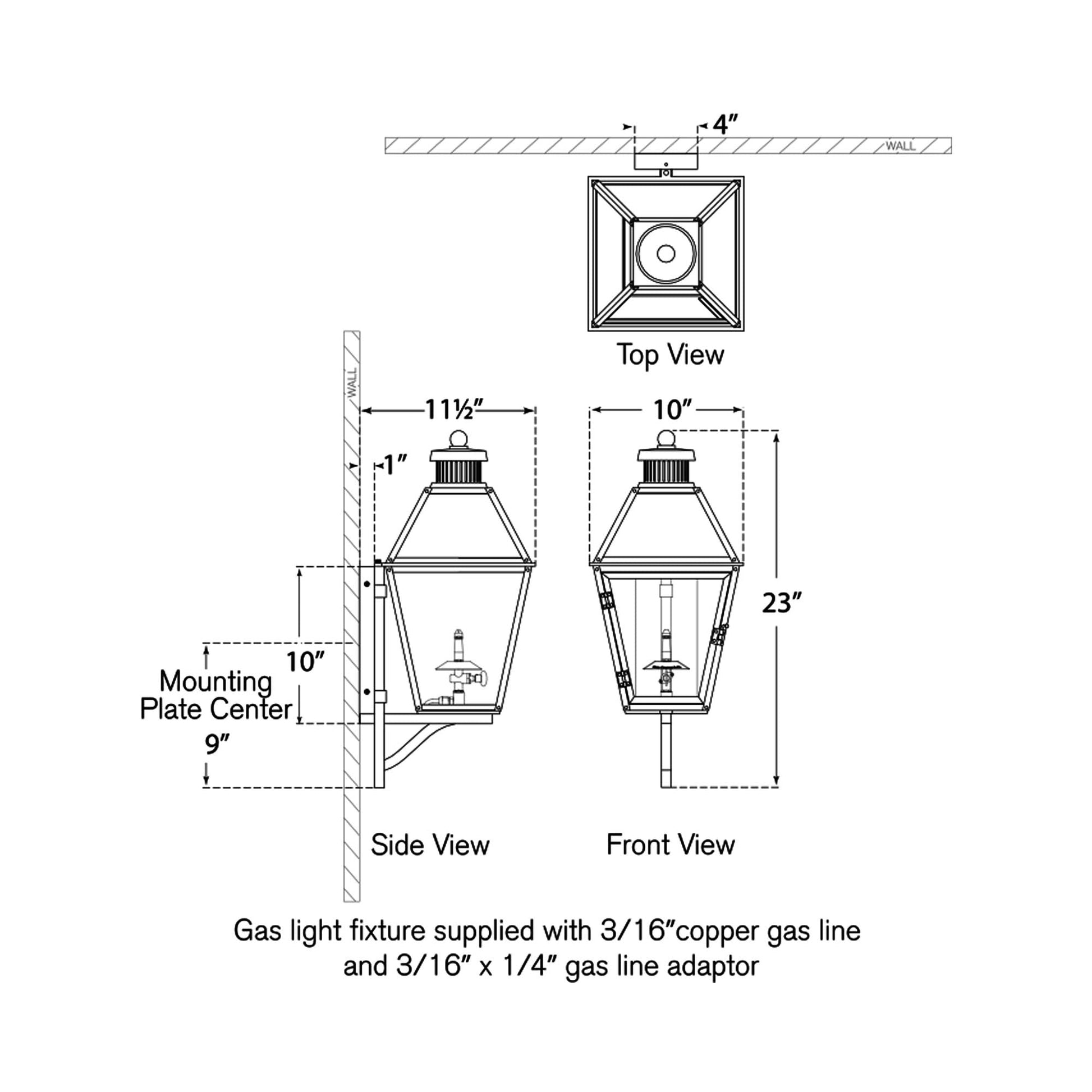 Stratford Outdoor Gas Wall Light - line drawing.