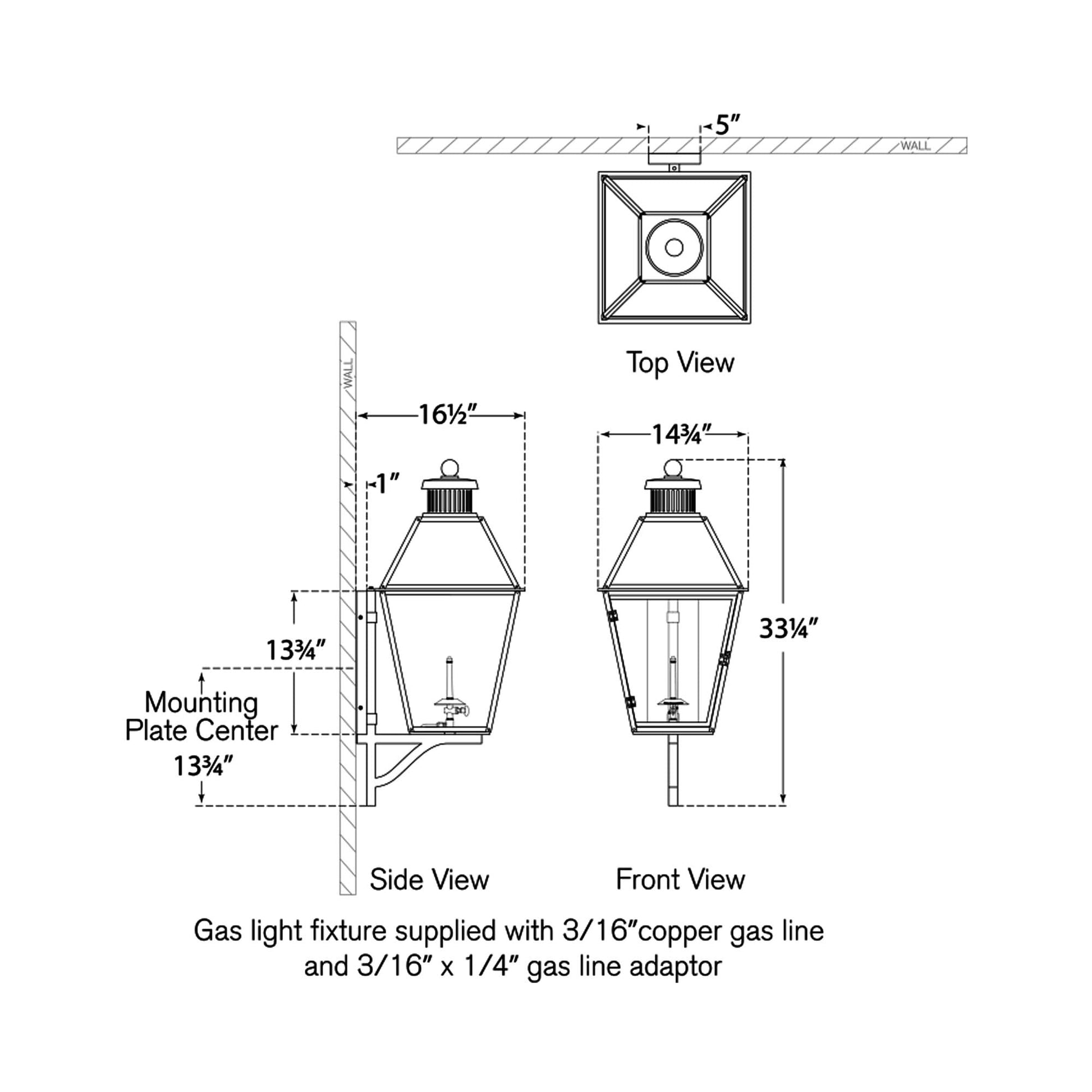 Stratford Outdoor Gas Wall Light - line drawing.