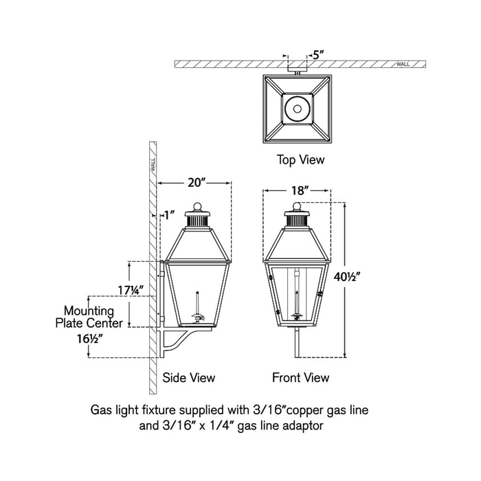 Stratford Outdoor Gas Wall Light - line drawing.