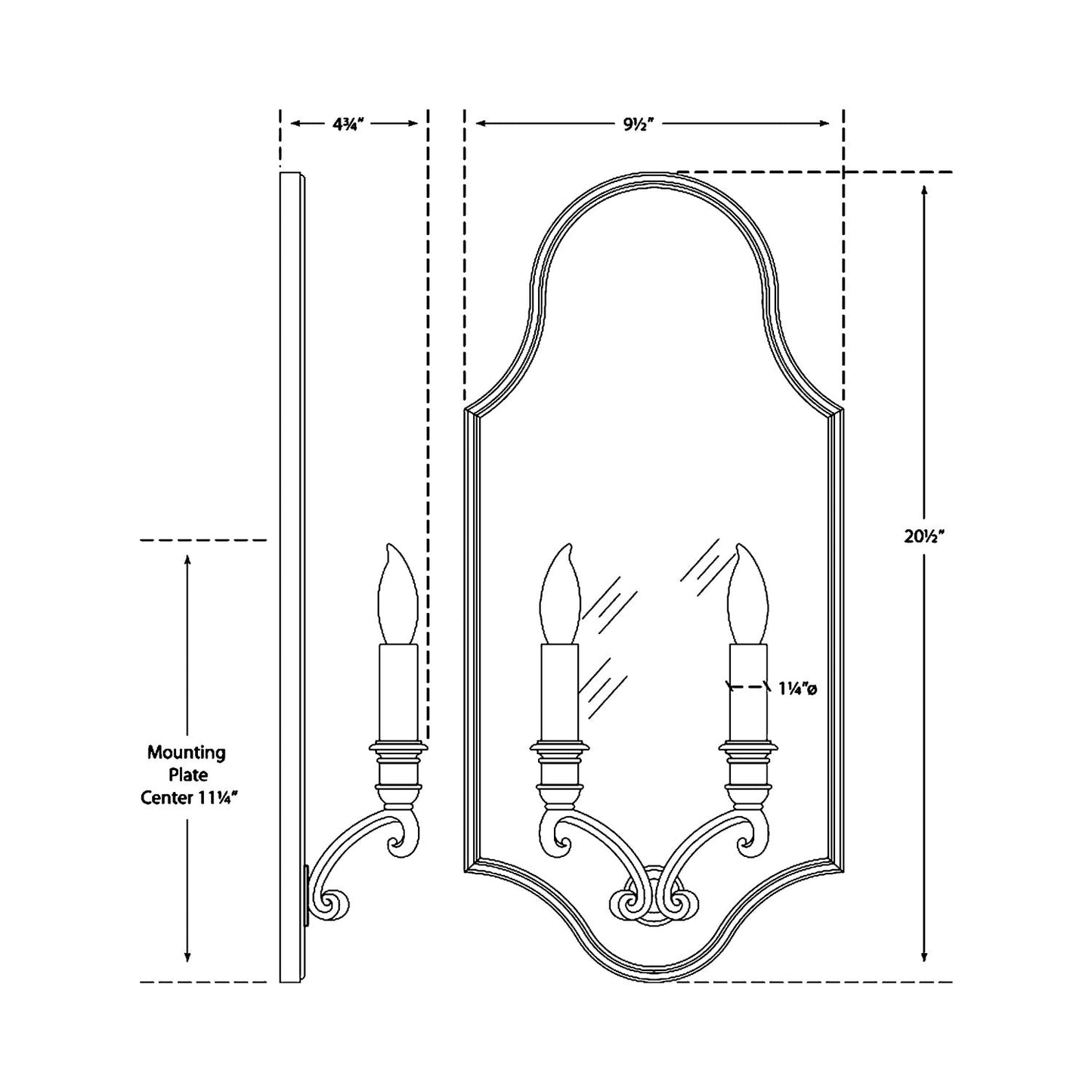 Sussex Framed Double Wall Light - line drawing.