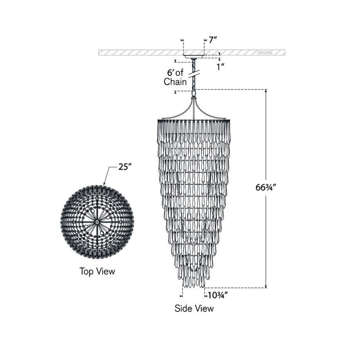 Vacarro Cascading LED Chandelier - line drawing.