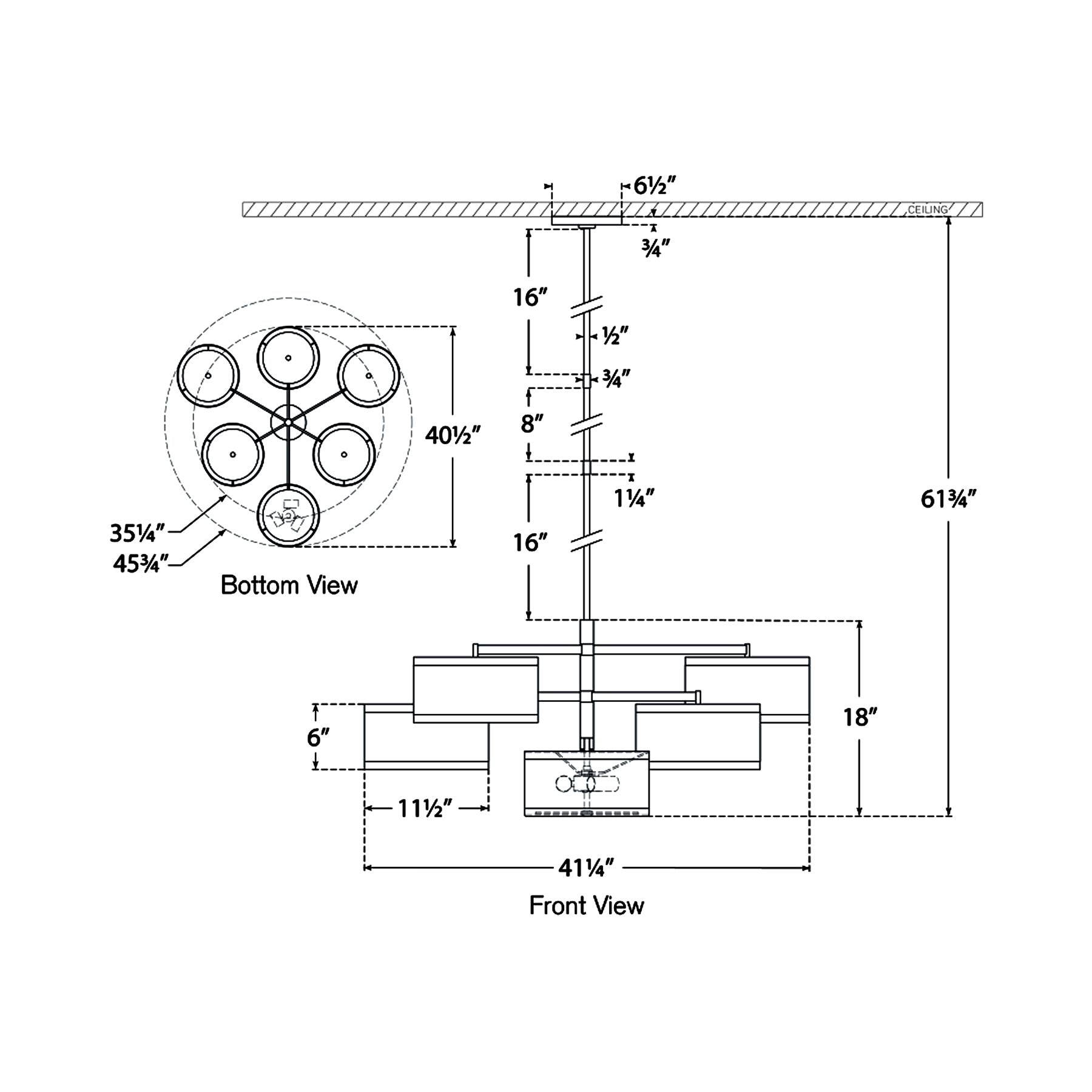 Walker Offset LED Chandelier - line drawing.