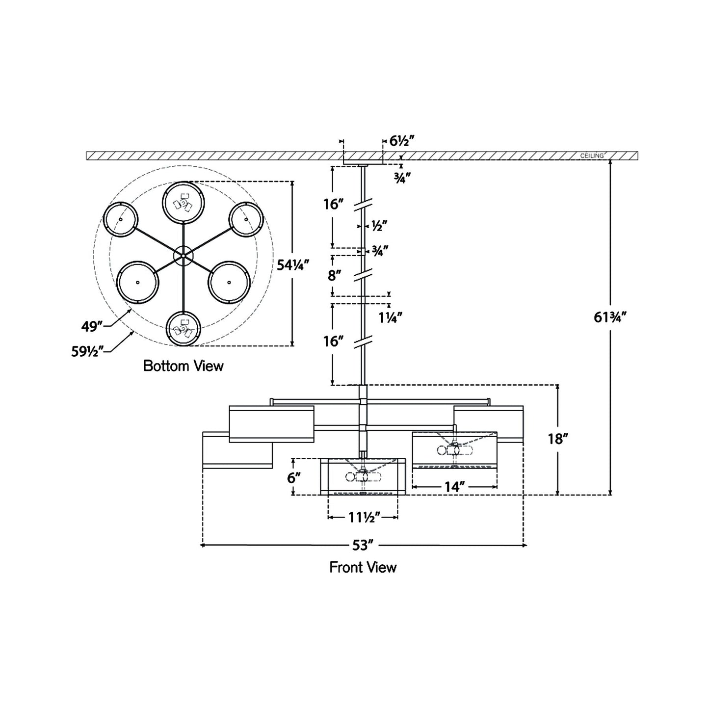 Walker LED Offset Chandelier - line drawing.