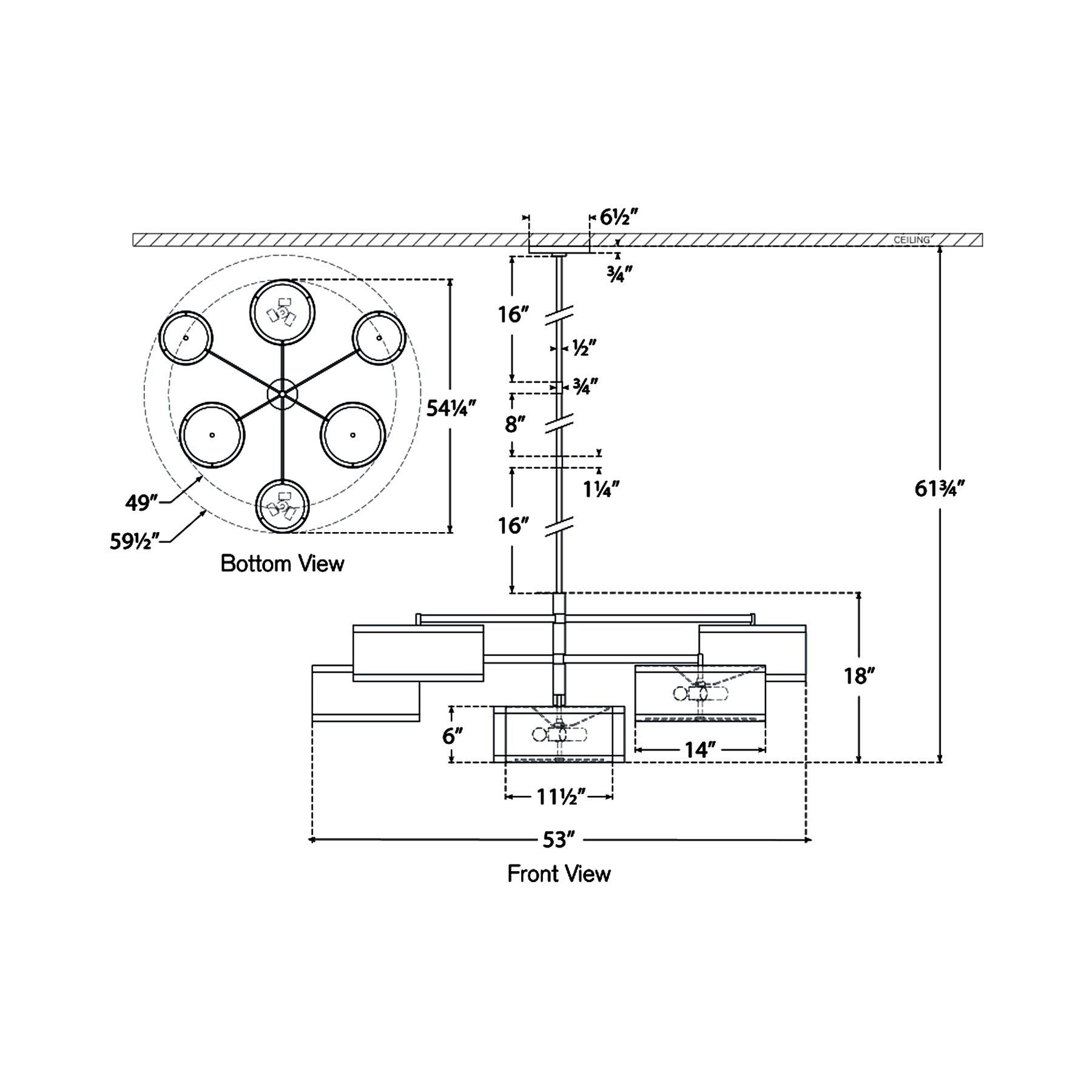 Walker LED Offset Chandelier - line drawing.
