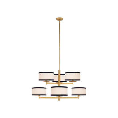 Walker Two Tier Chandelier in Gild/Cream Linen/Black Linen Trim.