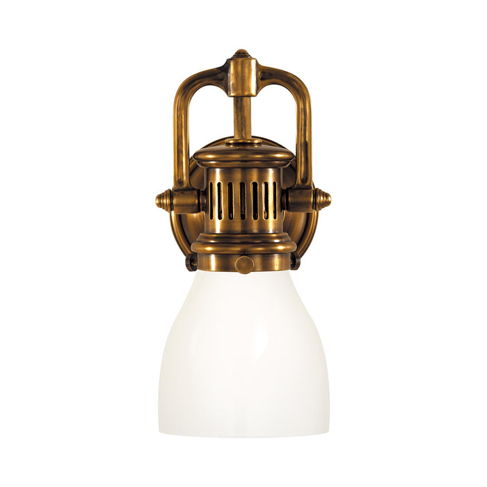 Yoke Suspended Wall Light in Hand-Rubbed Antique Brass/White Glass.