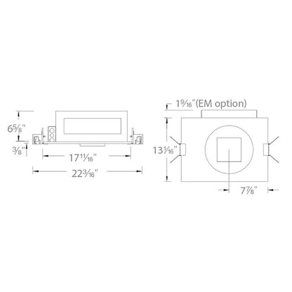 Volta 4.5 Inch Square New Construction Recessed Housing - line drawing.