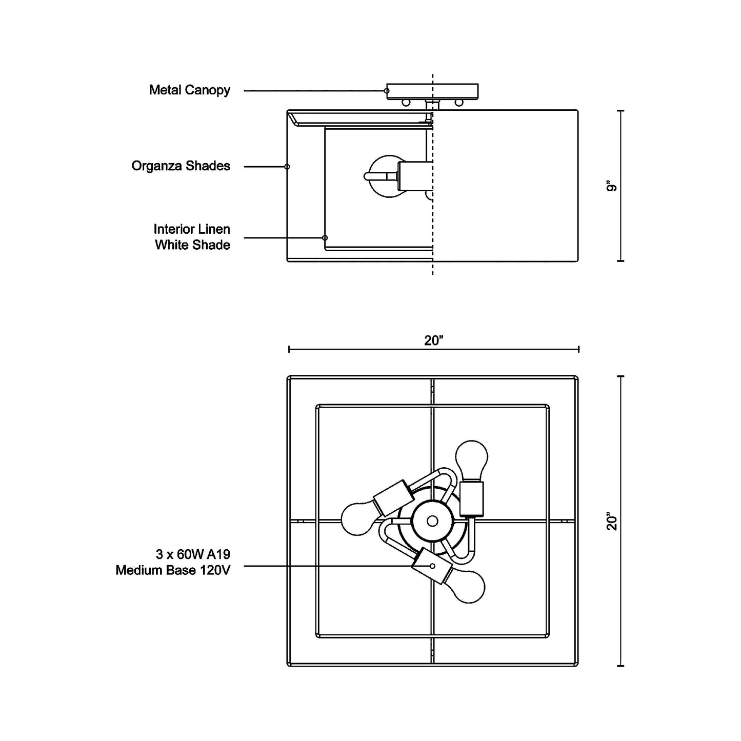 Zircon Flush Mount Ceiling Light - line drawing.